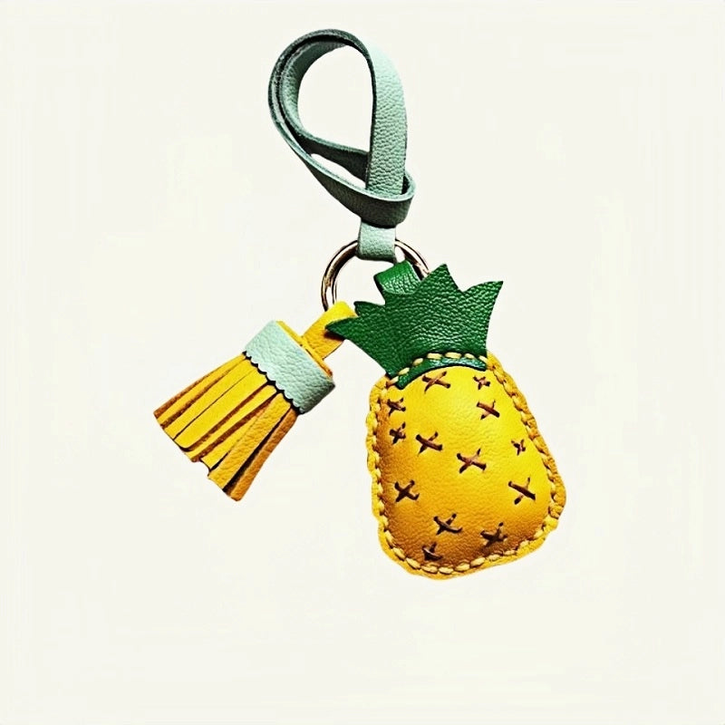 Pineapple Tassel Bag Charm – Handcrafted Full-Grain Lambskin Keychain, Tropical Style, Cute and Colorful Gift for Women and Friends