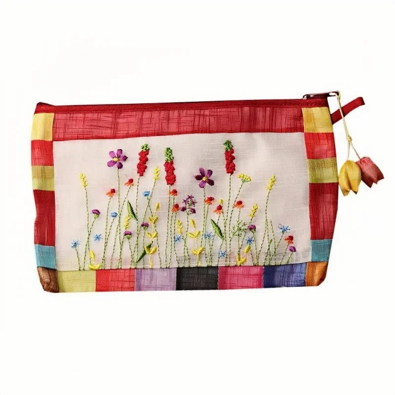 Korean-Style Embroidered Makeup Bag | Multipurpose Travel Pouch with Zipper | Elegant Handheld Organizer