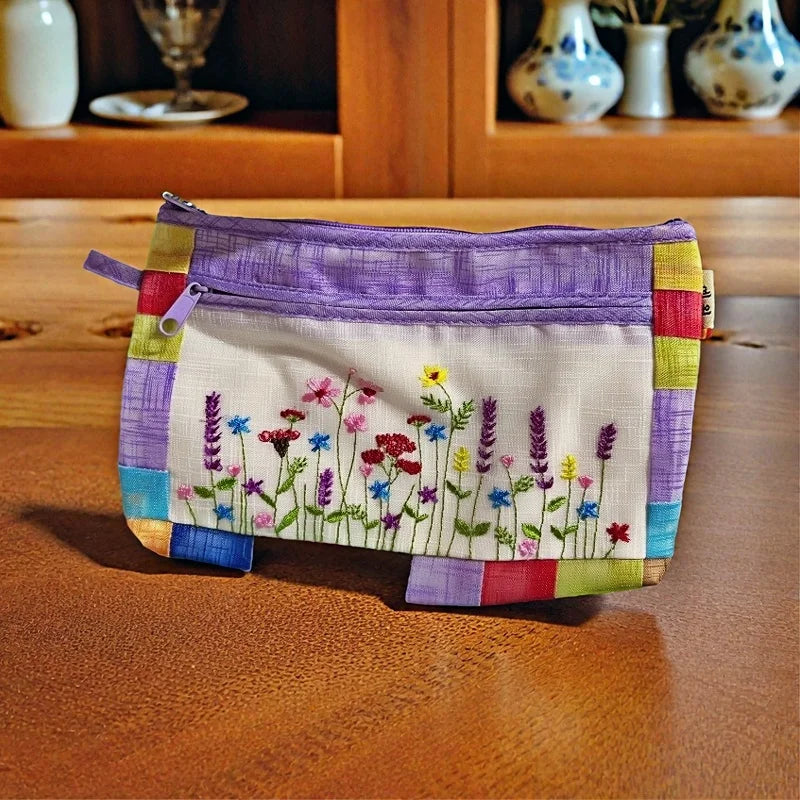 Korean-Style Embroidered Makeup Bag | Multipurpose Travel Pouch with Zipper | Elegant Handheld Organizer