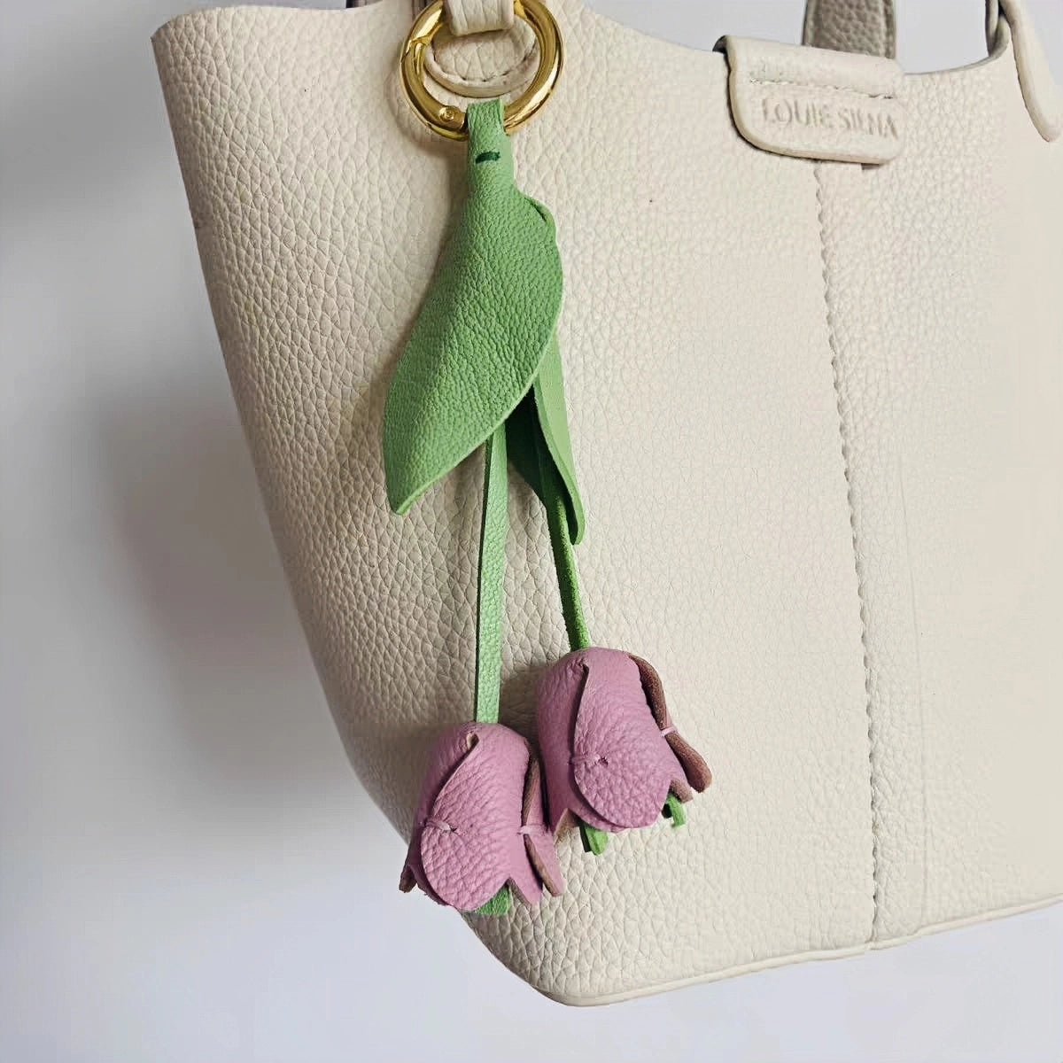 Handcrafted Pink Tulip Bag Charm in Premium French Lambskin – Elegant Floral Design for Bags and Keys, Artisan-Made Gift for Her