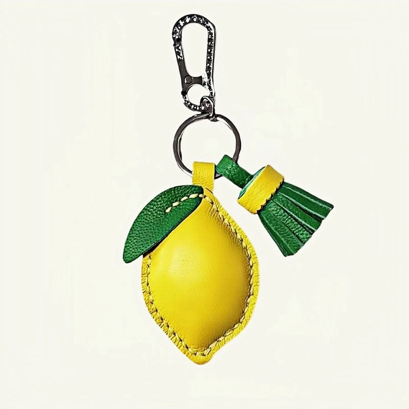 Handcrafted Lemon Bag Charm – Full-Grain Lambskin Key Accessory with Tassel, Artisan Design, Ideal Gift for Couples and Friends