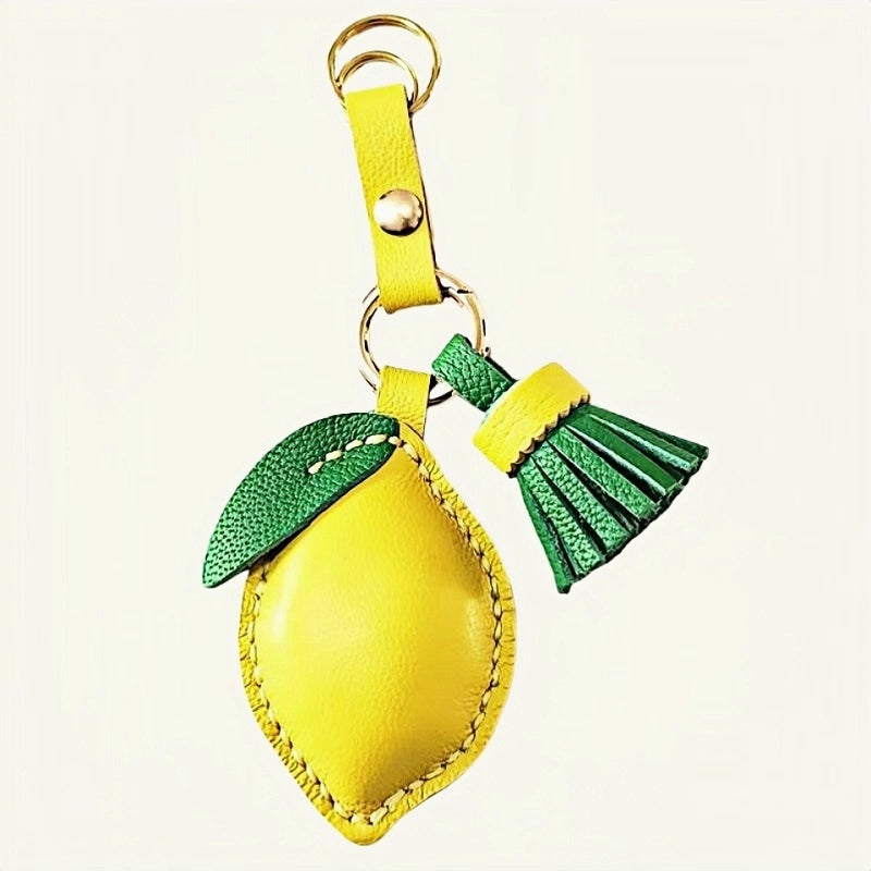 Handcrafted Lemon Bag Charm – Full-Grain Lambskin Key Accessory with Tassel, Artisan Design, Ideal Gift for Couples and Friends