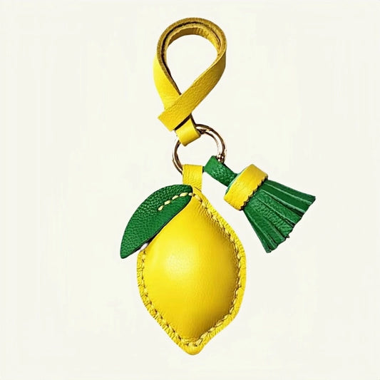 Handcrafted Lemon Bag Charm – Full-Grain Lambskin Key Accessory with Tassel, Artisan Design, Ideal Gift for Couples and Friends