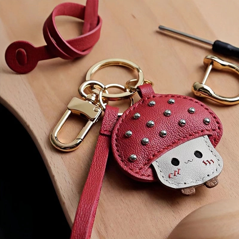 Shiny Red Mushroom Bag Charm – Full-Grain Lambskin, Playful Design, Key Accessory, Whimsical Fairy Tale Gift