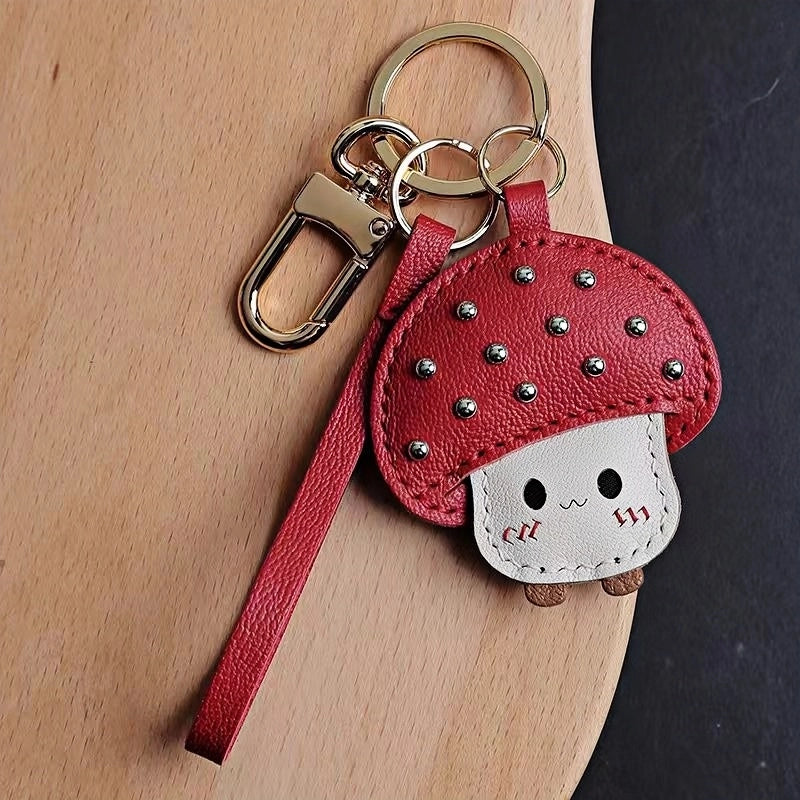 Shiny Red Mushroom Bag Charm – Full-Grain Lambskin, Playful Design, Key Accessory, Whimsical Fairy Tale Gift