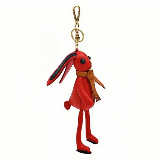 Nordic Red Rabbit Bag Charm – Handcrafted Full-Grain Leather Keychain, Playful Bunny Doll Accessory, Creative Scandinavian Design, Premium Cowhide Gift