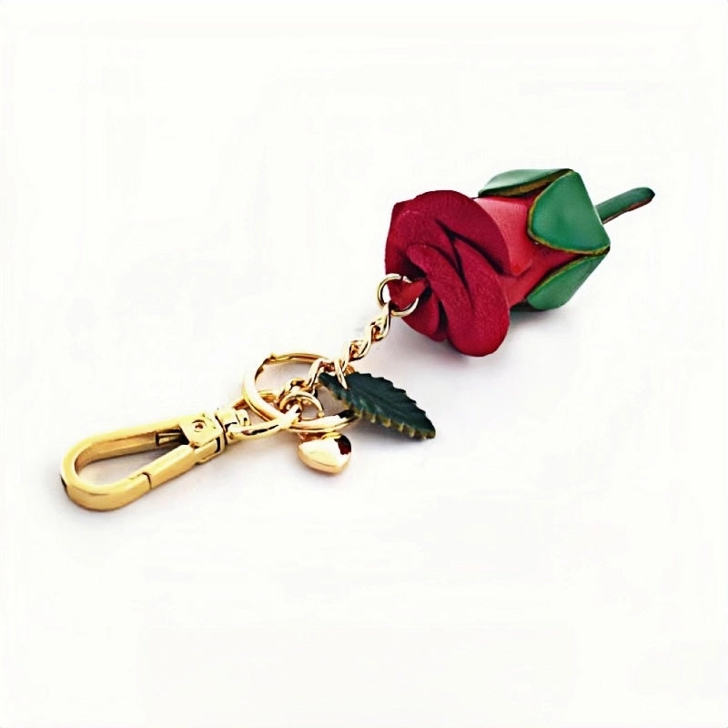 Handcrafted Nordic Rose Leather Bag Charm - Elegant Full-Grain Cowhide Flower Keychain and Bookmark for Bags