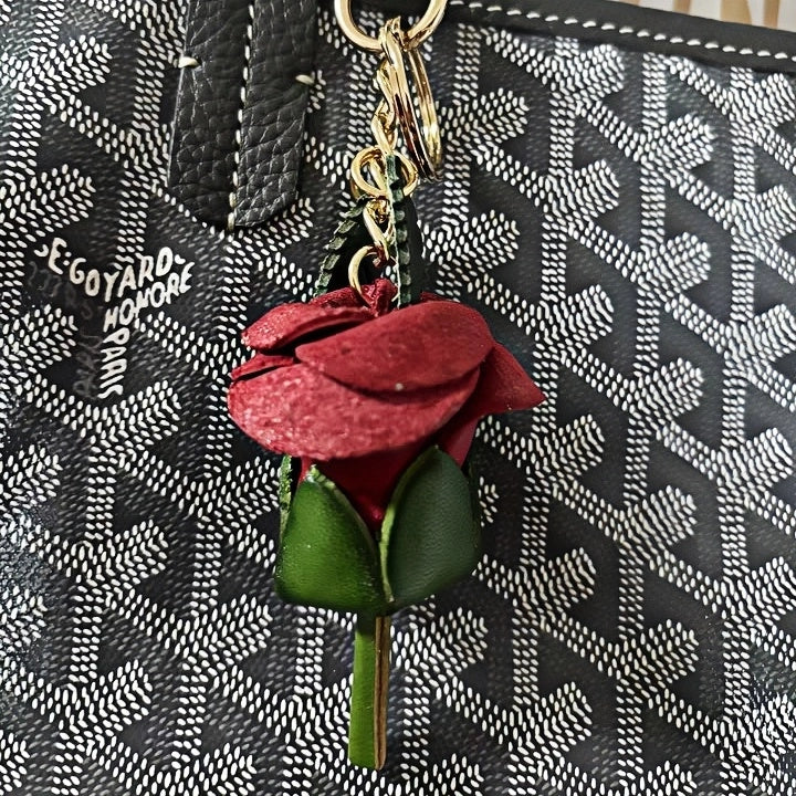 Handcrafted Nordic Rose Leather Bag Charm - Elegant Full-Grain Cowhide Flower Keychain and Bookmark for Bags