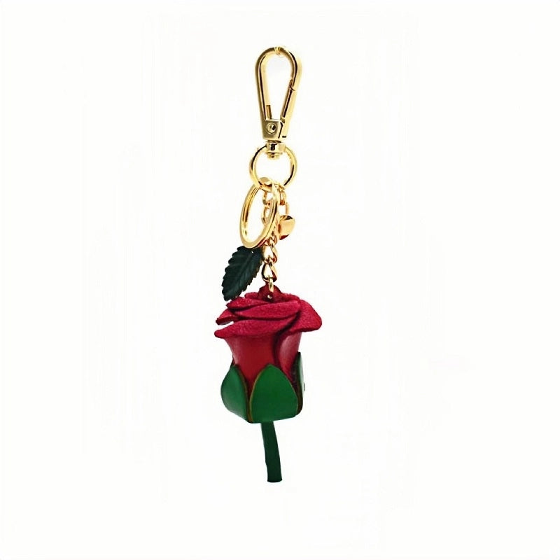 Handcrafted Nordic Rose Leather Bag Charm - Elegant Full-Grain Cowhide Flower Keychain and Bookmark for Bags