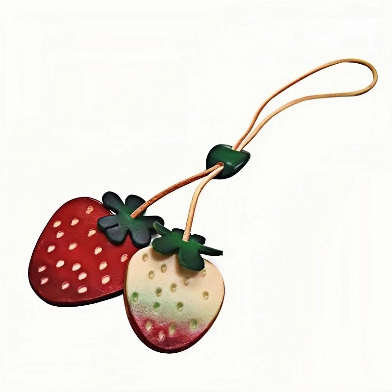 Handcrafted Genuine Leather Strawberry Bag Charm, Nordic-Style Fruit Design, Artisan Keychain, Car Accessory, Bookmark Decoration