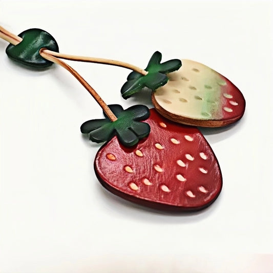 Handcrafted Genuine Leather Strawberry Bag Charm, Nordic-Style Fruit Design, Artisan Keychain, Car Accessory, Bookmark Decoration