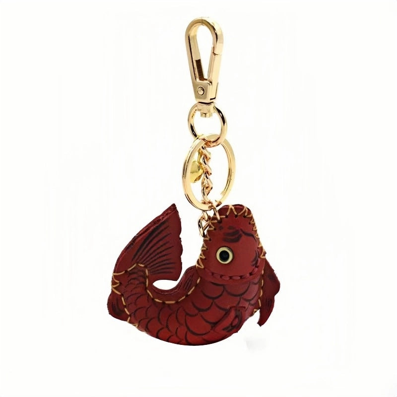 Lucky Koi Fish Bag Charm – Genuine Leather Key Accessory, Handmade Red Leather Charm for Bags, Keys, or Holiday Gifts