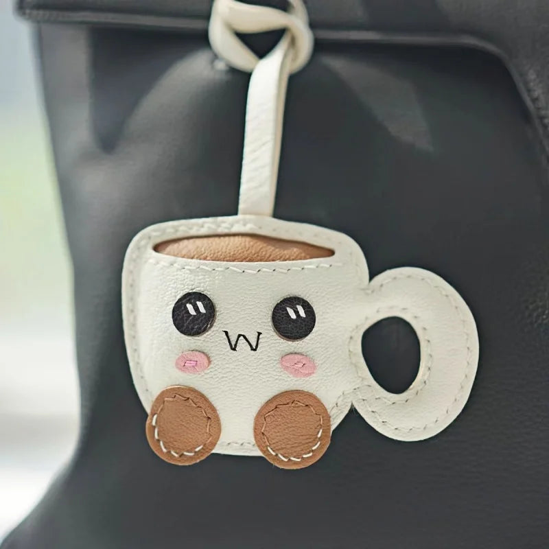 Creative Coffee Cup Leather Bag Charm | Handcrafted Goatskin Accessory | High-Quality Gift for Women