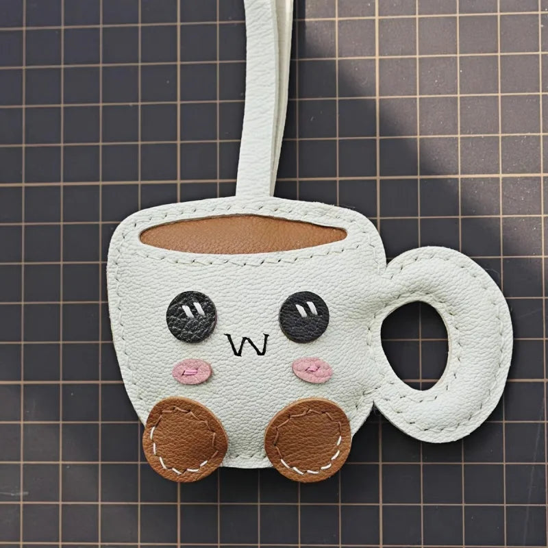 Creative Coffee Cup Leather Bag Charm | Handcrafted Goatskin Accessory | High-Quality Gift for Women